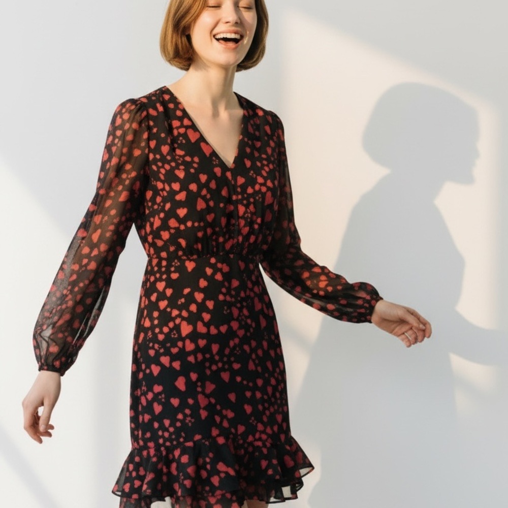 Saloni Alya Heart-Print V-Neck Cocktail Dress – Size 2